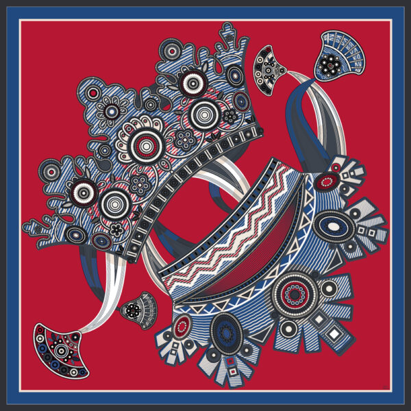 A red silk scarf featuring a vibrant depiction of traditional Russian kokoshniks. The detailed design showcases the richness of Russian heritage, with varying kokoshnik styles indicating regional diversity. The scarf is a tribute to the cultural significance of these festival headdresses, blending tradition and fashion